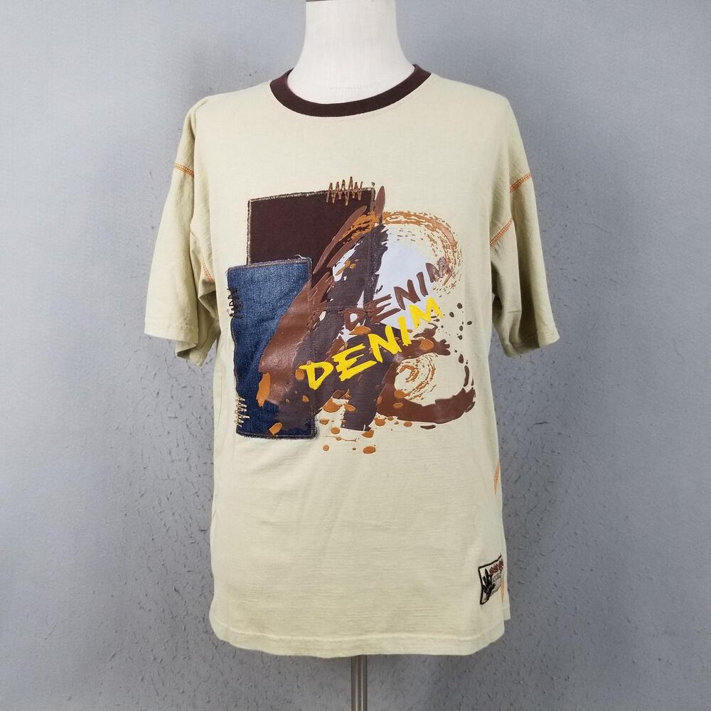 212 NYC Shirt Mens Medium Beige Ringer Patchwork Applique Denim Graphic Y2K
